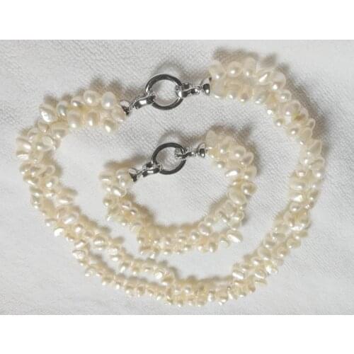 2 strands necklace / bracelet 9x10mm white flat baroque pearl Women Jewelry set round clasp natural freshwater pearl 43cm 19cm