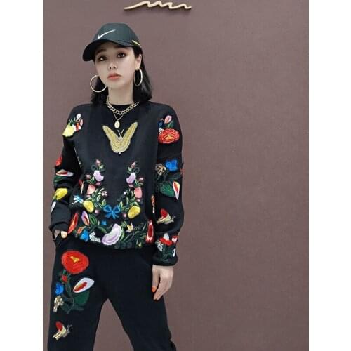 Fashion Embroidery Flower Butterfly Black Women Knit Tracksuit Outfits O neck Long sleeve Knitwear Pencil Trousers Casual Sets