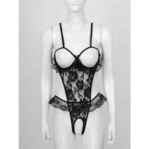 Womens Erotic Sexy Bodysuit Underwear See-through Floral Lace Lingerie Sleepwear Open Cup Underwired Bra with Crotchless Briefs