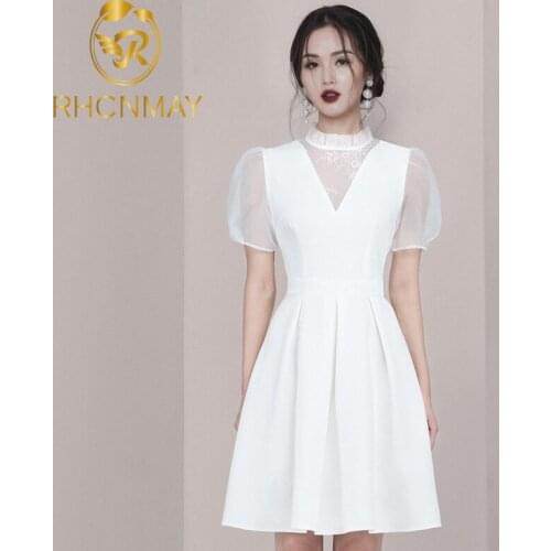 2020 New Arrvials Office Lady Stand Neck Chiffon Puff Short Sleeves Mesh Lace Patchwork Women Party Mini Dress White