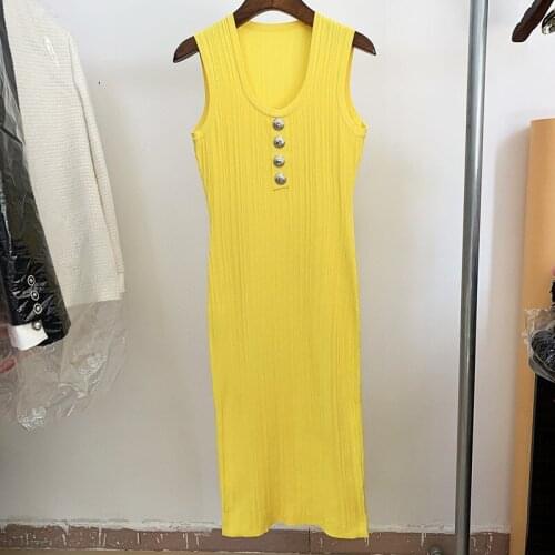 Black White Yellow Knitted Dress 2021 Spring Autumn Sexy O-neck Midi Temperament Silver Button Sleeveless Pencil Dress Winter