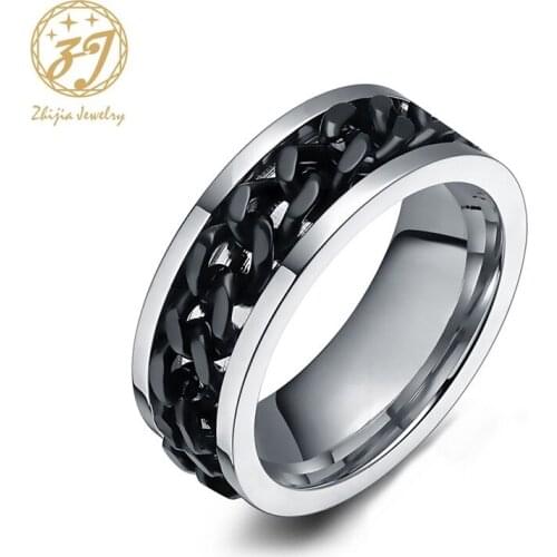 Zhijia Stainless Steel Mens Wedding Rock Punk Biker Ring Sliver Titanium Black Chain Spinner Rings For Woman/Men Gift Never Fade