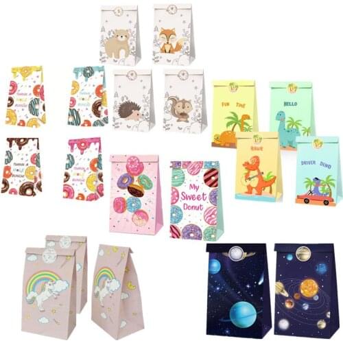 12pcs Mix Type Dinosaur/Donut/Space/Jungle/Unicorn Animal Candy Gift Bags With Sticker Guests Packaging Boxes Birthday Party Gif