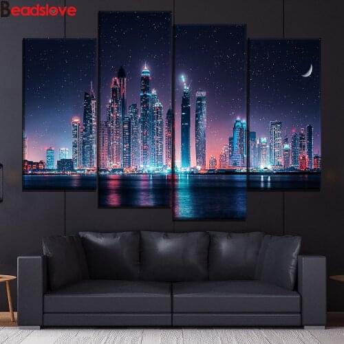4pcs Diamond Paint Dubai Skyline At Night handmade diamond cross stitch Mosaic home decorative art painting square drill