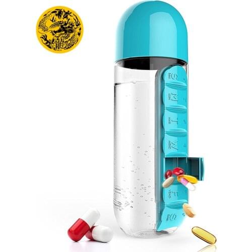 Plastic Water Bottle With Daily Pill Box Organizer Drinking Bottles Transparent Sport Bottle Leakproof PC material 600ml Outdoor