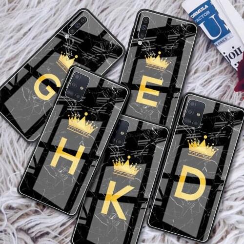 Tempered Glass Case For Samsung Galaxy A51 A50 A71 A70 A31 A21s A52 A40 A30 M51 M31 A91 Luxury Phone Cover Name Letter Marble