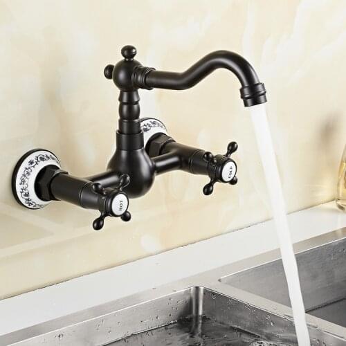 Black Kitchen Faucet Antique Wall Mounted Mixer Tap Dual Handle Faucets Hot and Cold Water Rotatable Home Kitchen Fixture