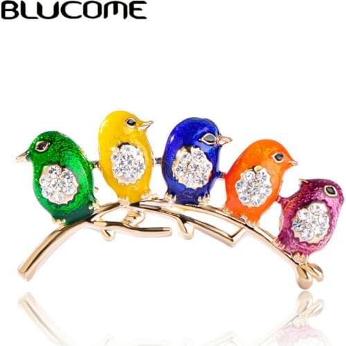 Blucome Colorful Five Cute Birds Brooches Crystals Enamel Jewelry For Girls Kids Best Gifts Scarf Shoulder Suit Collar Corsages