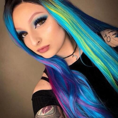 Long Wavy Purple Blue Yellow Mix Color Lace Front Wigs Ombre Dark Roots Free Part Synthetic Heat Resistant Daily Wigs for Women