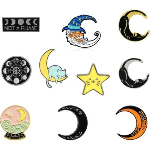 10 styles Stars and moon Enamel Brooch Lazy cat crescent Lapel Pin Moon magician Crystal ball jewelry gift for astronomers badge