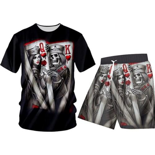 UJWI T-shirt Suit 2 Piece Casual Short Sleeve O-neck Fashion Tracksuits T Shirt and Shorts New 3D Printed Poker Skull Summer