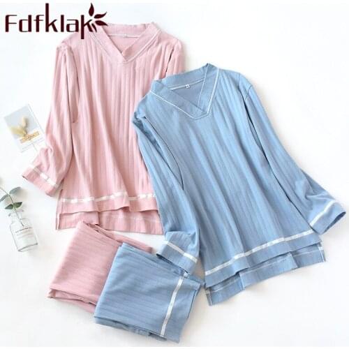 Fdfklak Cotton Pajama Long Sleeves Women Autumn Sleepwear Home Suit Female Pink/Blue Night Pijama Pyjama Set