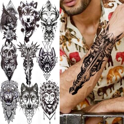 India Tribal Totem Temporary Tattoo Black Skeleton King Tiger Sika Deer Wolf Tattoo Sticker For Women Men Kids Adults Tatoo Sets