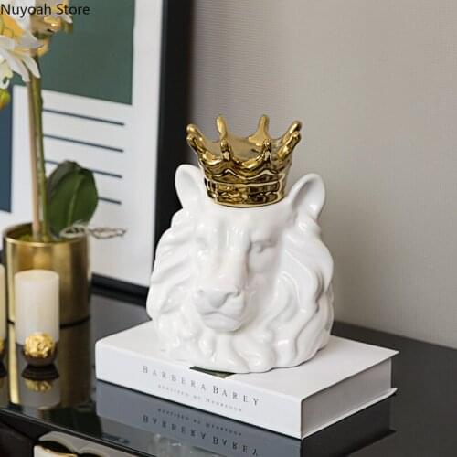 Crown Lion King Crafts Decoration Creative White Ceramic Animal Storage Jar Decoration Living Room Home Furnishing Accessories