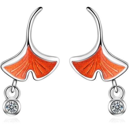 Tiny Ginkgo Leaf Earrings Zirconia Pendant Lovely Silver Color Earrings for Women Girls Kids Fashion Jewelry Accessories Gifts