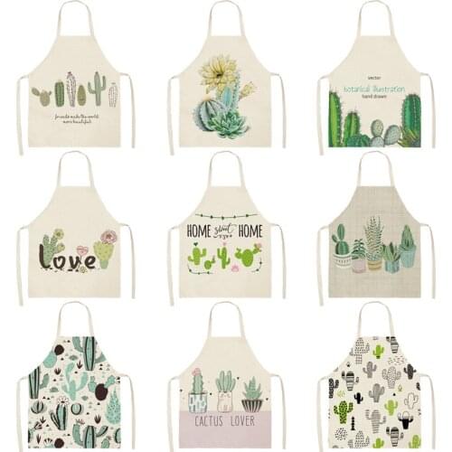 Cactus Plants Green Leaves Pattern Kitchen Aprons Home Cooking Baking Shop Cotton Linen Cleaning Apron