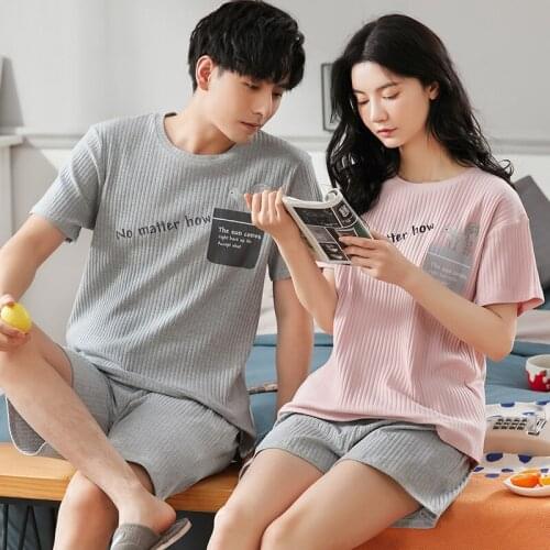 Summer Womens Pajamas Set Cool Cotton Short-sleeved Couple Sleepwear Fashion Letter Printing Round Neck Men And Women Homewear