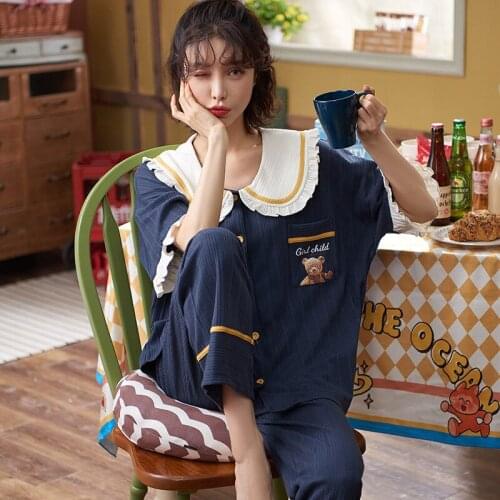 Summer new pajamas womens short sleeve pants Korean version sweet and lovely summer womens cotton home suit