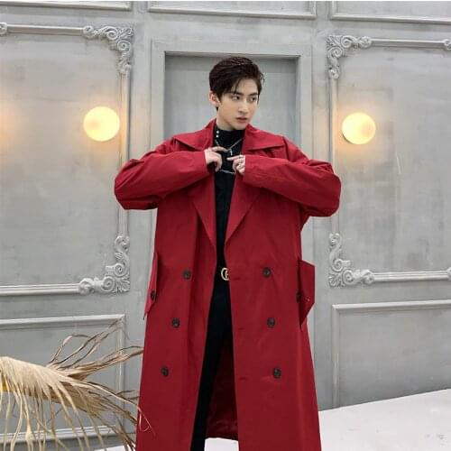 Mens Red Double Breasted Long Trench Coat Windbreaker Jacket Outwear Overknee New