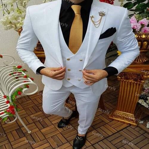 Fitted White Double Breasted Suits For Men Three Pieces Coat Pant And Vest Formal Prom Mens Suit 2021 Groom Wear Wedding Tuexdos