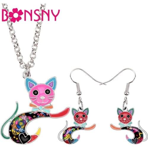 Bonsny Statement Enamel Alloy Cartoon Jumping Kitten Cat Earrings Necklace Animal Jewelry Sets For Women Girls Teens Decoration