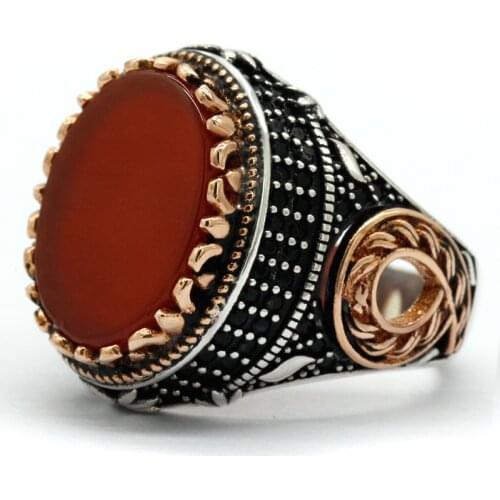 Natural Agate Men Ring 925 Sterling Silver Oval Red Stone & Black Zircon Rings Victory Turkish Handmade Jewelry for Men Women