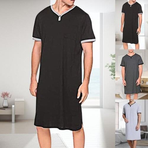2021 New Fashion Men Short Sleeve O Neck Pocket Nightdress Loose Knee-length Nightgown Homewear