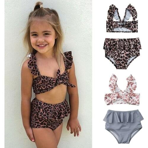 New Kids Girls two-piece Swimsuit High Waist Leopard Floral Swimming Bikini Costume Beachwear Ruffles Bandage Swimwear