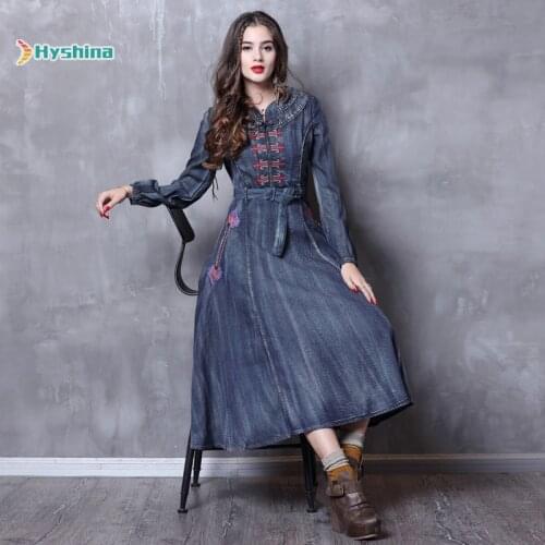 Original Womens Embroidery Dress New Slim Waistband Denim Dress Retro Skirt