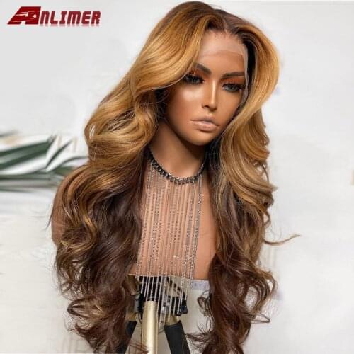Brown Blonde Highlight Wig T-Part Lace Front Human Hair Wigs Body Wave Silk Top Lace Wigs Pre Plucked Ombre Color