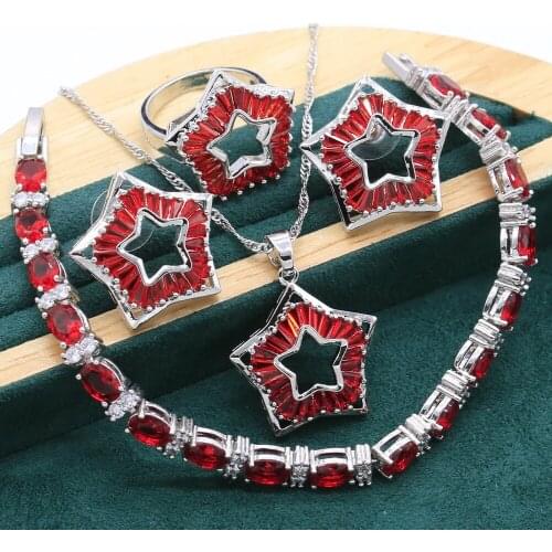 Personalized Star Red Topaz 925 Sterling Silver Jewelry Set for Women Bracelet Earrings Necklace Ring Wedding Christmas Gift
