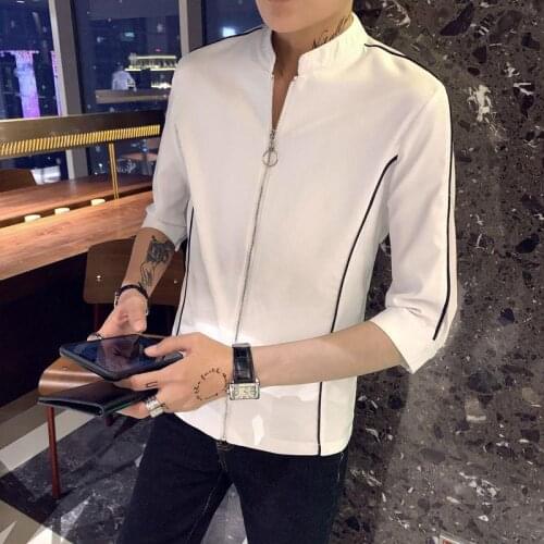 Half Sleeve Shirt Stand Collar Zipper Shirt Slim Social Casual Shirt Men Black White Shirt Camisa Social Masculina 2021 Summer
