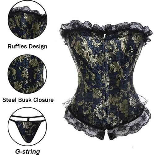 Sexy Corset Vintage Style Overbust Corsets and Bustiers Floral Lace Up Corset Top Lingerie Plus Size Red Blue