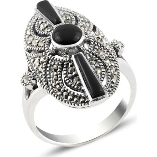 Silver 925 Sterling Onyx & Marcasite Ring