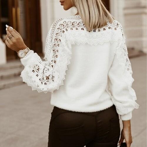 Womens Solid Color Lace Lantern Sleeve New Fashion Sweater Hollow Autumn and Winter Long-sleeved Sweater Ladies Womens Tops