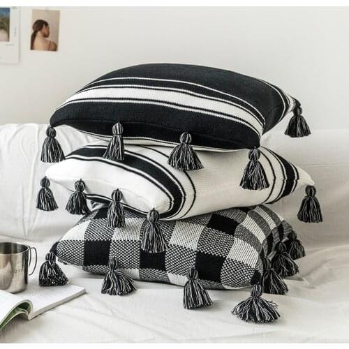 Knitted Cushion cover Home Decoration Fringed Tassels 45x45cm/35x50cm Cotton Thread Pillow Cover Pink Black Nordic Style