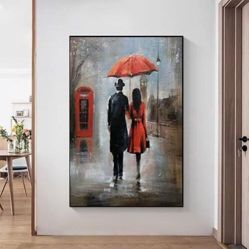 High Quality Handmade Original Raining Street Oil Painting Famous Artist Painted Abstract Lovers Wall Painting No Frame