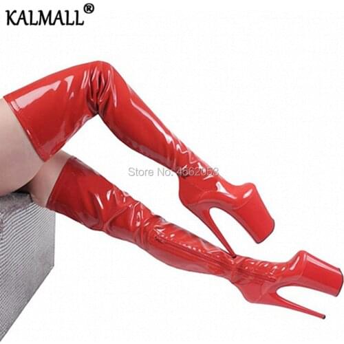KALMALL Fetish Runway Black White Red Leather Sexy Pole Dancing Shoes Zip 20cm Stiletto High Heels Long Platform Over Knee Boots