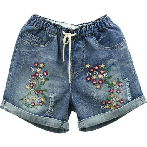 Womens Fashion Vintage Floral Embroidered Ripped High Waisted Short Jeans Feminino Plus Size 3XL Woman Denim Shorts