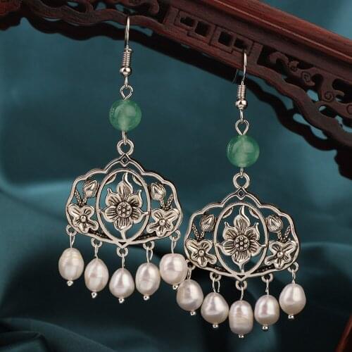 Summer Trend Vintage Tassel Freshwater Pearl Drop Earrings Ethnic Flower Tibetan Silver Chinese Style Jewelry for Women