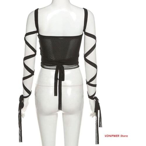 Women Criss Cross Bandage Tube Top Sexy Sheer Mesh Harajuku Skinny Slim Camisole
