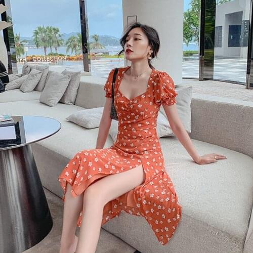 Floral Midi Long Dress Ouff Sleeve Split Orange Sweet High Waist Vintage Holiday Streetwear A Line Woman Dress Summer