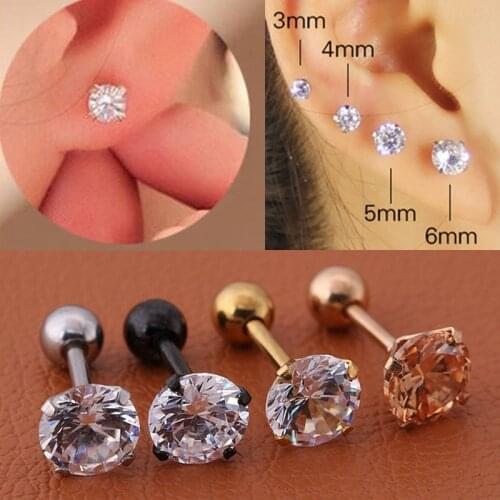1PC 3/4/5/6mm Punk Medical Stainless Titanium Steel Needle Zircon Crystal Stud Earrings Men Women Cartilage Ear Piercing Jewelry