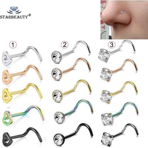 2pcs 20G Steel CZ Gem Piercing Nose Screw Curved Prong Nose Stud Rings Body Jewelry Nose Rings Nariz Earrings Nostril Piercings