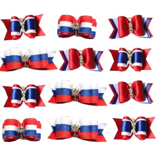 50 Pcs Pet Dog Hair Bows Red Blue White Dog Hair Bows Rubber Bands American Independence Day Dog Grooming Hair Accessories
