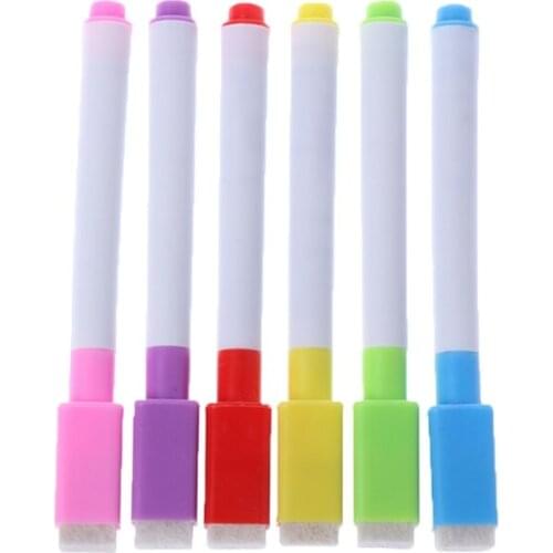6Pcs/Set Whiteboard Erasable Marker Pen With Eraser School Supplies E65A