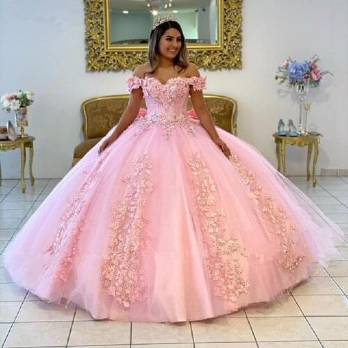 Vestido de 15 anos Light Pink Ball Gown Quinceanera Dress 2021 Lace Flowers Sweet 16 Dress Pageant Gowns with Big Bow