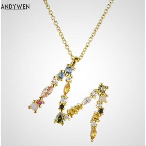 ANDYWEN 925 Sterling Silver Gold Letter M Pendant Initial F Alphabet Necklace Monogram Opals 2020 Women Accessories Jewelry