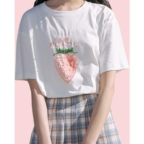 ZuoLunOuBa Summer Light Luxury Fashion Women T Shirt Print Letter Beaded Pink Strawberry Tees White High Quality Tops Female