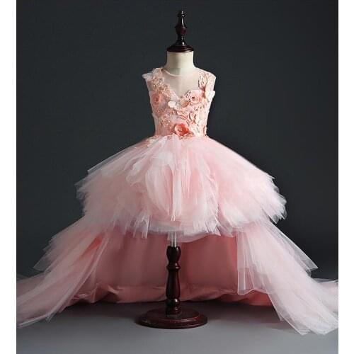 Glizt Long Trailing Girls Pageant Dress Beaded Floral Flower Girl Dresses for Wedding Girls Party Princess First Communion Gowns